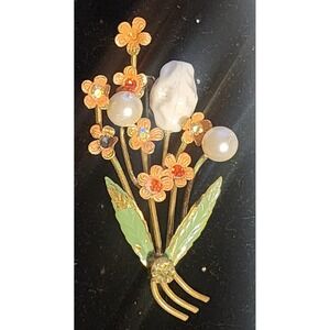 Vintage Floral Bouquet Enamel Pearl AB Rhinestone Brooch made in Austria